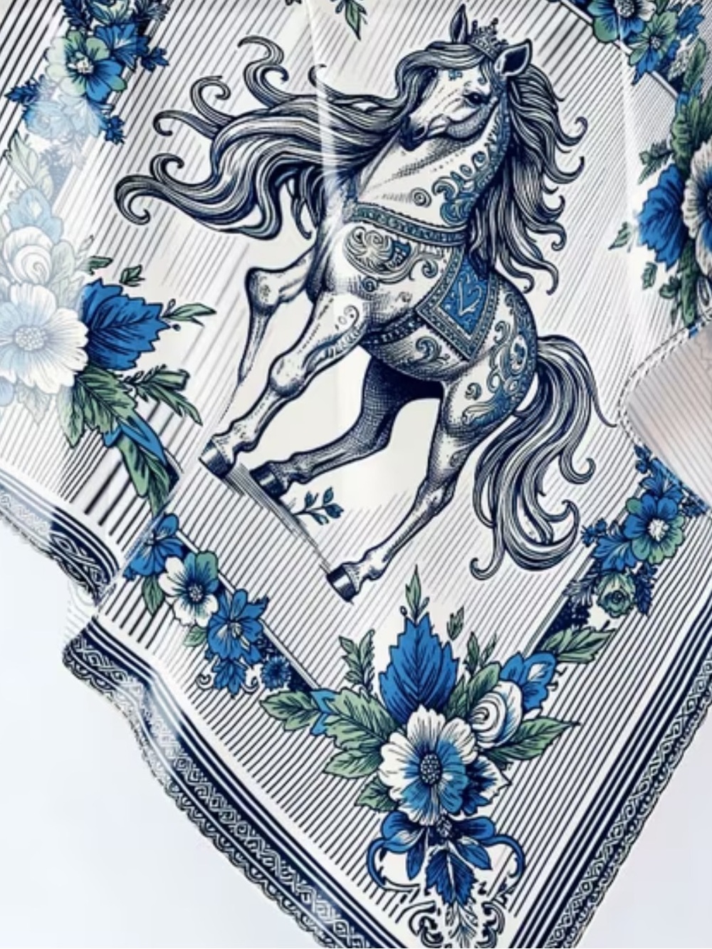 Pinstriped Blue Floral Horse Silky Scarf 35”